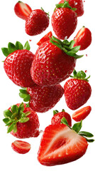 Berry Cascade: A vibrant explosion of fresh, ripe strawberries in a dynamic, photorealistic composition, showcasing the natural beauty and deliciousness of the fruit.