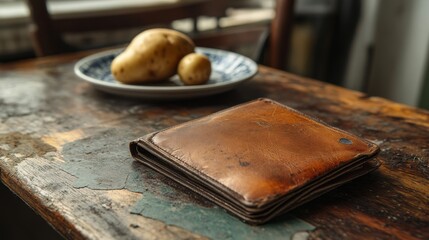 A brown leather wallet sits on a wooden table