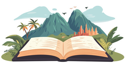 A digital illustration depicting an open book with creamy-colored pages displaying indiscernible text. The book lies on a grassy surface. The background features a vibrant tropical landscape with