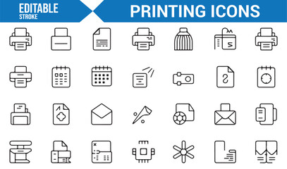Set of Editable Vector Icons for Printing, Documents, and Office Equipment