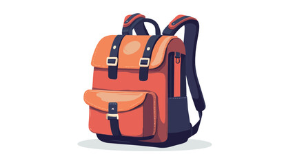 A stylized illustration of an orange and navy blue backpack. The backpack is depicted in a slightly three-dimensional style with visible texture and highlights to suggest leather or a similar