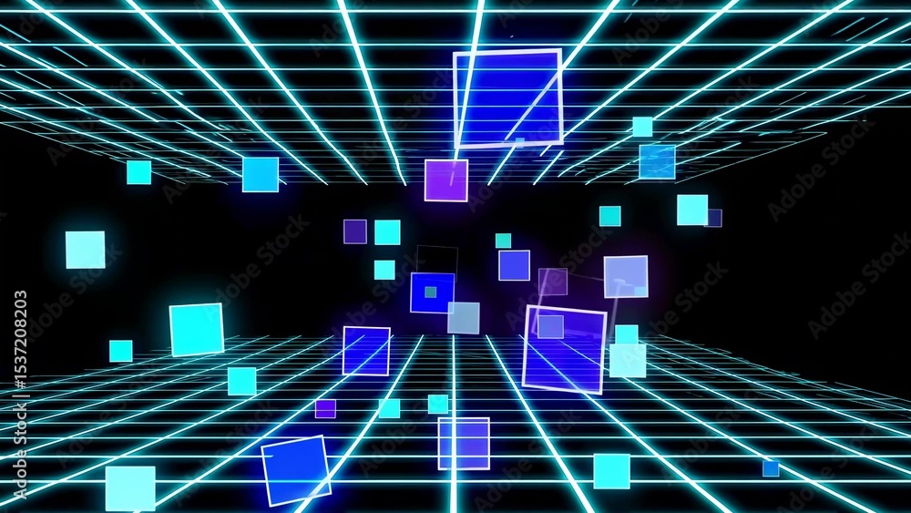 Poster bright neon cubes are floating and rotating in a dark cyberspace grid, creating a futuristic and tec