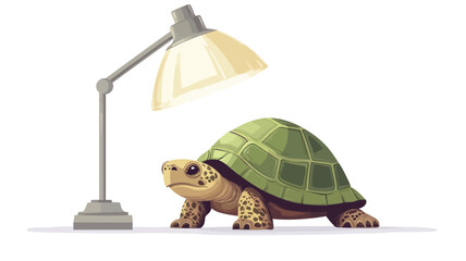 A digital illustration depicting a cartoon tortoise positioned next to a desk lamp against a plain white background. The tortoise is facing left, with its shell predominantly green. The desk lamp