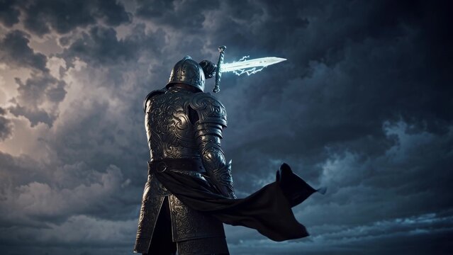 Medieval knight in shining armor stands with his back to the viewer, holding a sword crackling with lightning against a dramatic, stormy sky
