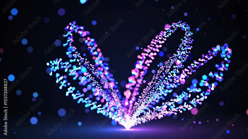 Poster complex wavy structure formed by glowing particles emanating light in a dark environment, creating a