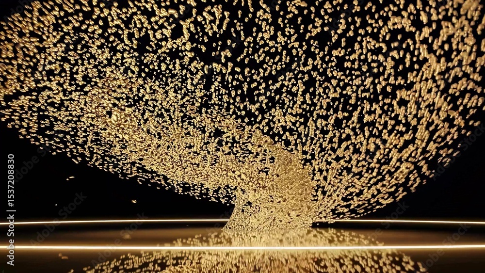 Poster golden particles are swirling, creating a dynamic and visually captivating scene with reflections on