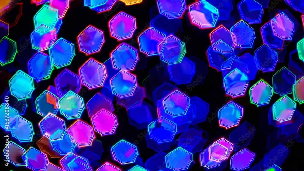Poster glowing neon hexagons in vibrant colors create a dazzling bokeh effect against a dark background, pe