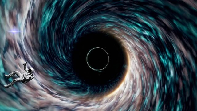 Cosmic Voyage: Captivating depiction of a lone astronaut spiraling through the heart of a cosmic black hole, a vivid illustration of space and the cosmos. 