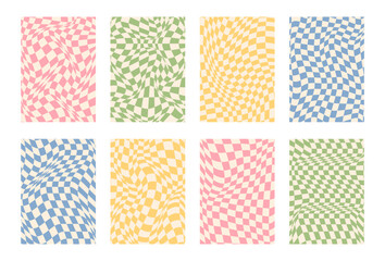 Checkered Grids with Distortion Effect Collection. Retro Colors Backgrounds Set. Distorted Geometric Pattern. 