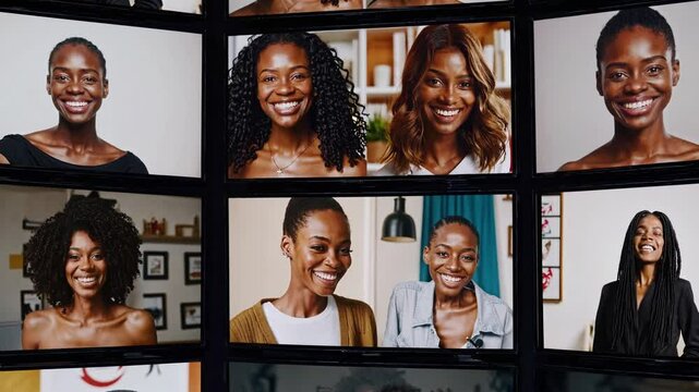 Empowering Black Women: A grid of diverse Black women smiling confidently at the camera in a collaborative virtual meeting, embodying strength, beauty, and collective empowerment.