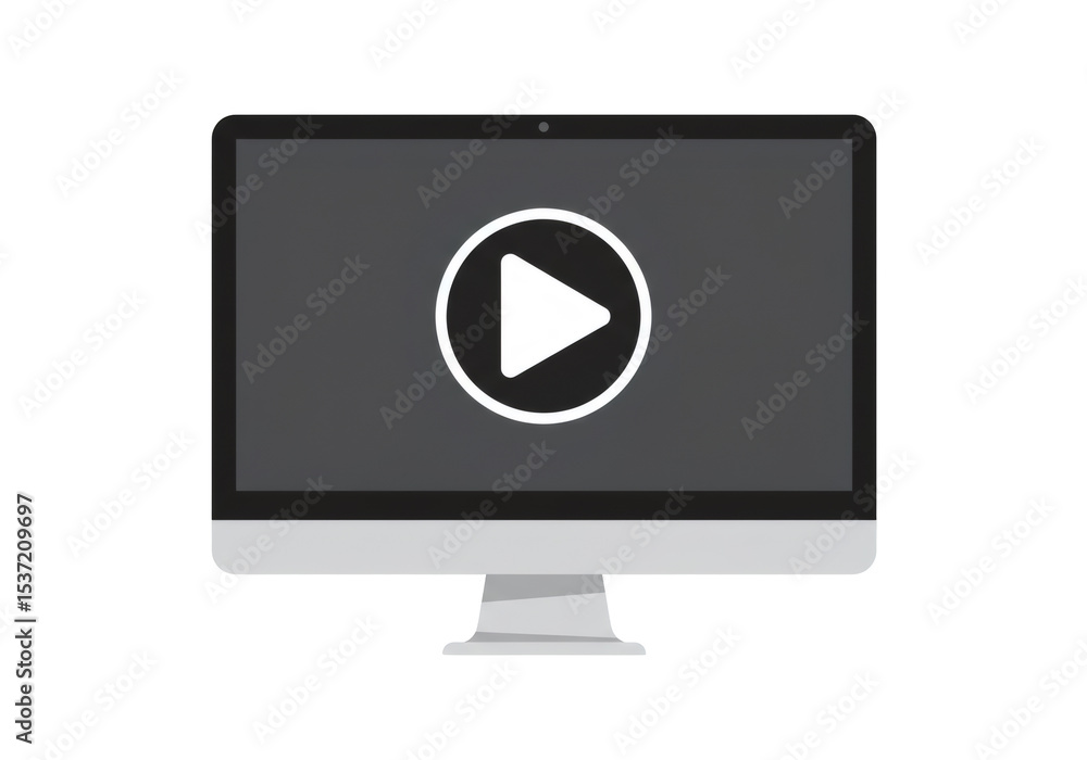 Poster computer screen displaying play button in center on transparent background