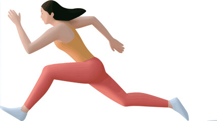 A digital illustration depicts a woman in motion, running. She is rendered in a stylized, slightly cartoonish manner, with simplified features and smooth shading. The woman has long dark hair,
