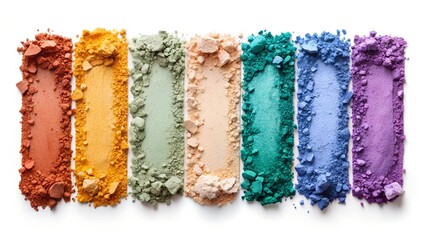 Vibrant row of eight eyeshadow powder swatches arranged