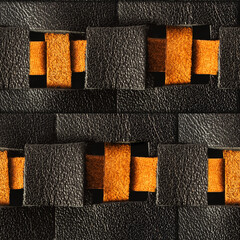 Seamless 4k photo texture material of black leather with square pattern ornament.
