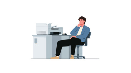 A vector illustration depicting a man sitting at an office desk. He is dressed in a light blue jacket and dark pants and is seated in a black office chair. His hands are near his face, 