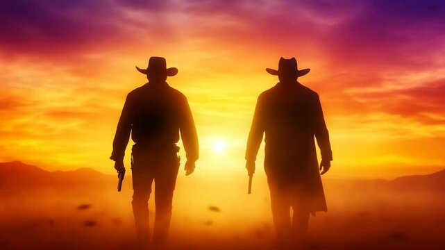 An epic silhouette of two cowboy gunslingers walking into a dramatic sunset, a cinematic scene perfect for western films, historical dramas, or storytelling.