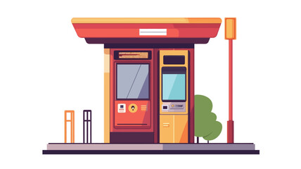 A vector illustration depicting a front view of a modern automated ticket kiosk integrated into a bus stop structure.  The kiosk is predominantly red and yellow, with a flat design style. 