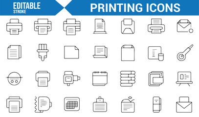 Editable Vector Icons of Office Equipment, Printing, and Scheduling