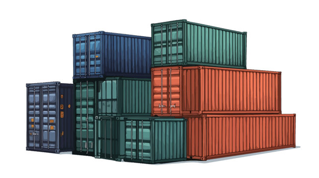 A digital rendering depicts a stack of various sized and colored shipping containers against a white background. The containers are depicted in shades of blue, teal, and orange. 