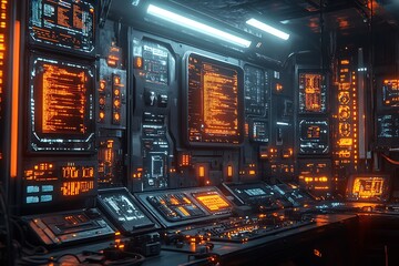 Futuristic control room displaying information and data visualizations with glowing orange lights