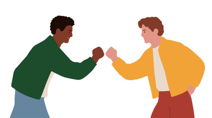 The image is a vector illustration depicting two young men facing each other in a confrontational stance.  One man has dark skin and wears a green jacket; the other man has light skin and wears a
