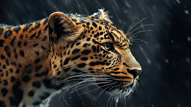 Leopard portrait with rain, and dark background.