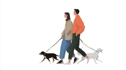 A digital illustration depicts a man and a woman walking two dogs on leashes. The style is minimalist and flat, with clean lines and solid colors. The background is white, focusing attention on the