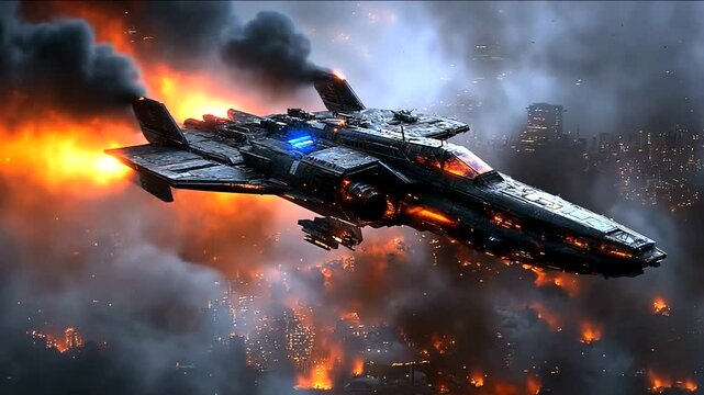 Spaceship evades burning city engulfed in flames and smoke intense aerial escape