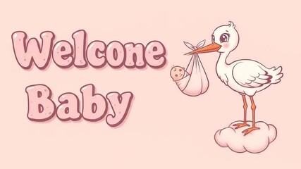 Cartoon stork carrying a baby in a cloth bag, set against a soft pink background with welcoming text - Powered by Adobe