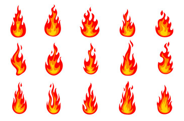 Cartoon set of fire, flames, objects set, vector illustration isolated on white background