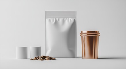 White coffee bag mockup with blank card, copper mug, and bronze measuring cups on minimalist white background – perfect for branding, packaging, or cafe presentation design
