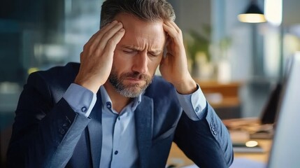 Stressed Businessman Suffering from Headache in Office