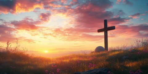Ethereal sunset over a serene landscape featuring a wooden cross and blooming flowers