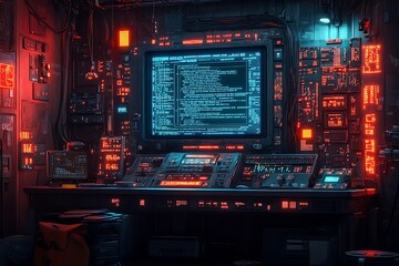 Cyberpunk command center with illuminated screens and high tech digital interface display