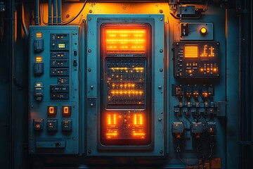 Detailed view of a vintage control panel featuring illuminated lights and switches