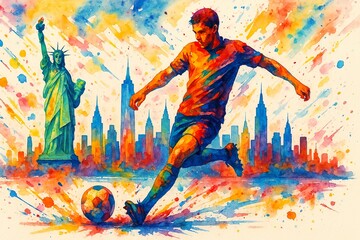 Colorful Soccer Player with New York City Skyline