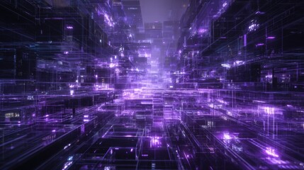 A vibrant digital network with interconnected nodes glowing in purple hues, forming a complex technological grid.