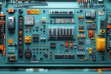 Detailed close up view of modern electrical control panel with various components