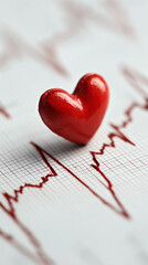 Red heart on electrocardiogram ECG with red heart, heart wave, heart attack, cardiogram report