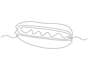 Hot dog continuous line. Continuous one line drawing of hot dog. American, fast food concept. Single line drawing