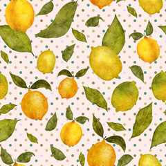 Pattern with lemons, lemons leaves and polka dots. Endless texture on light pink background. Print for home textile,women's wear, bed linen, decorative cushions, curtains, cosmetic packing.