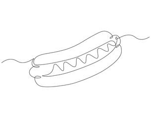 Hot dog continuous line. Continuous one line drawing of hot dog. American, fast food concept. Single line drawing