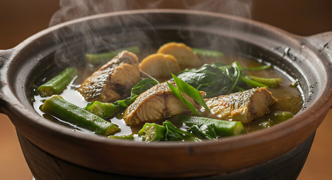 Filipino sinigang na isda. sour tamarind broth with floating fish chunks, okra and water spinach 