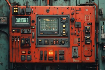 A detailed illustration of an old industrial control panel with multiple screens and buttons