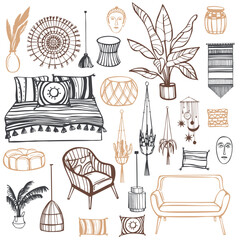 Hand-drawn furniture, lamps and plants for the home. Bohemian style interior design. Vector sketch  illustration.