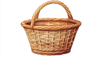 A digital illustration of a light brown wicker basket with a woven handle. The basket is depicted in a slightly high-angle view, showcasing its rounded shape and intricate woven pattern.
