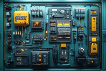 Intricate industrial control panel with circuitry and electrical components in detail
