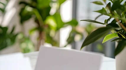 Modern business cards on white marble table near green potted plant with neutral tones, representing clean corporate identity and professional brand.
