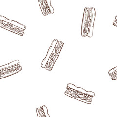 Hand-drawn baguette sandwich. Vector  seamless pattern.