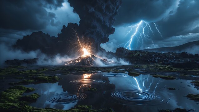 Volcano Erupting with Lightning Strikes and Water Reflection Scenery